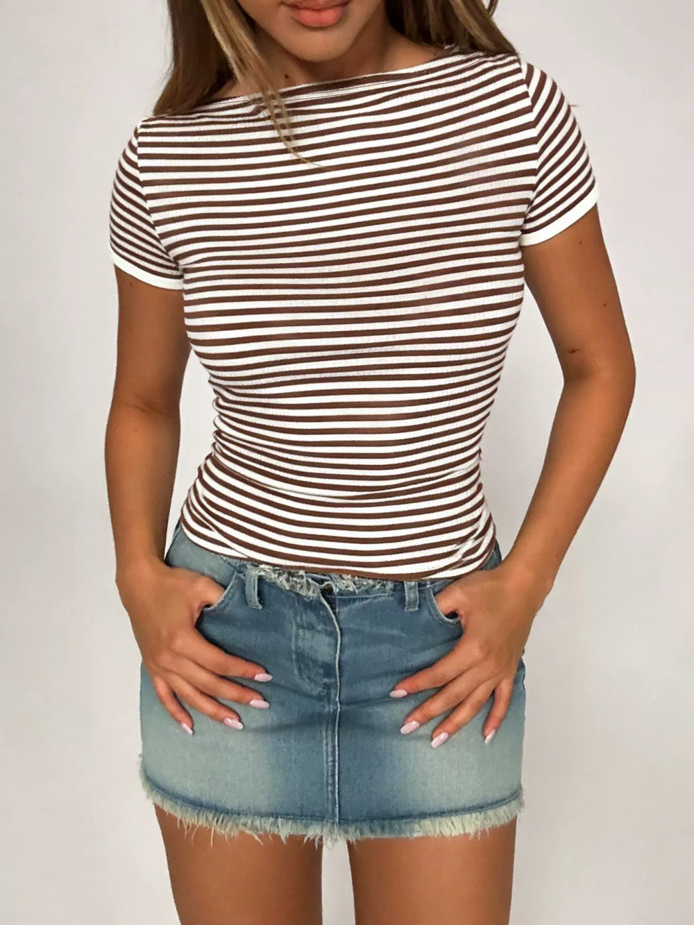 ZARA Womens Casual Striped Slim Fit Short Sleeve Contrast Color Tee